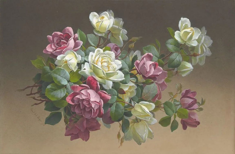 Floral Oil Painting - Mauve and White Roses on Branches