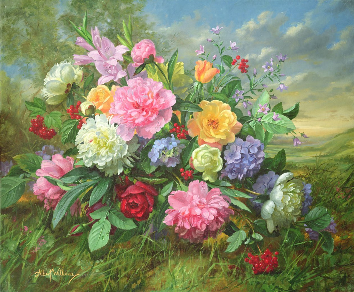 Blumen-Ölgemälde | Zartfarbiger Blumenstrauß