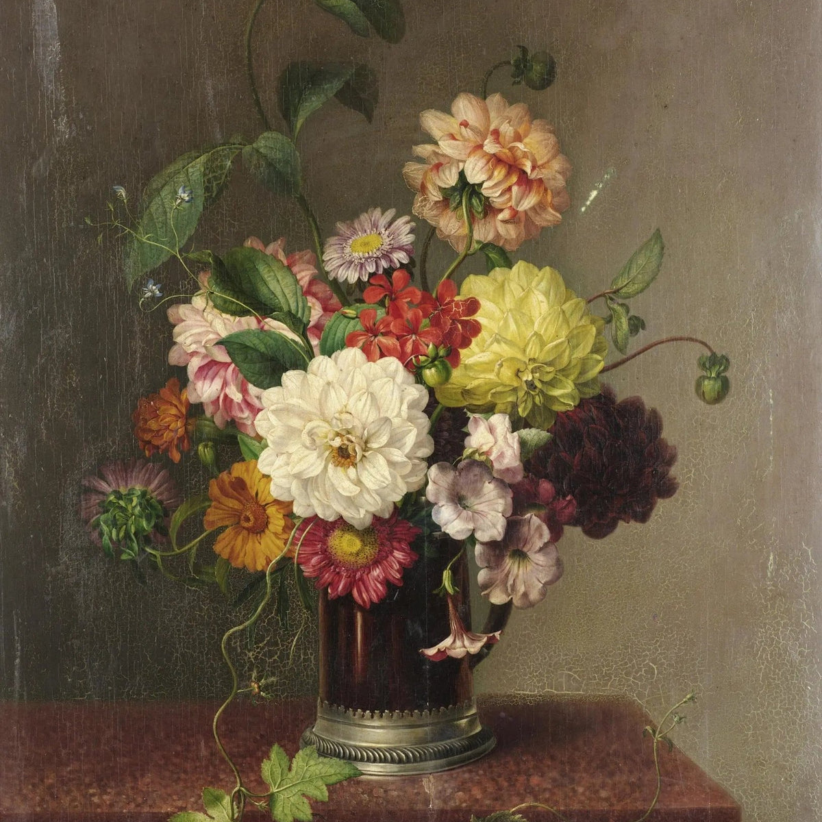 Floral Oil Painting - Mixed Blooms in Metal Pitcher - Oil Painting Haven