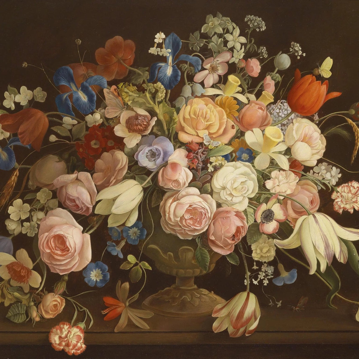 Floral Oil Painting - Mixed Blooms in Ornate Vase with Insects - Oil Painting Haven