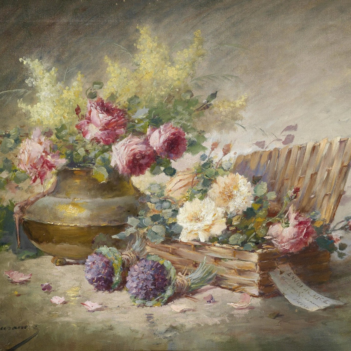 Floral Oil Painting - Mixed Blooms in Vase and Basket - Oil Painting Haven