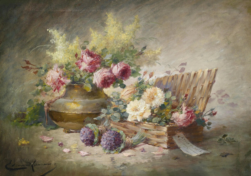 Floral Oil Painting - Mixed Blooms in Vase and Basket - Oil Painting Haven