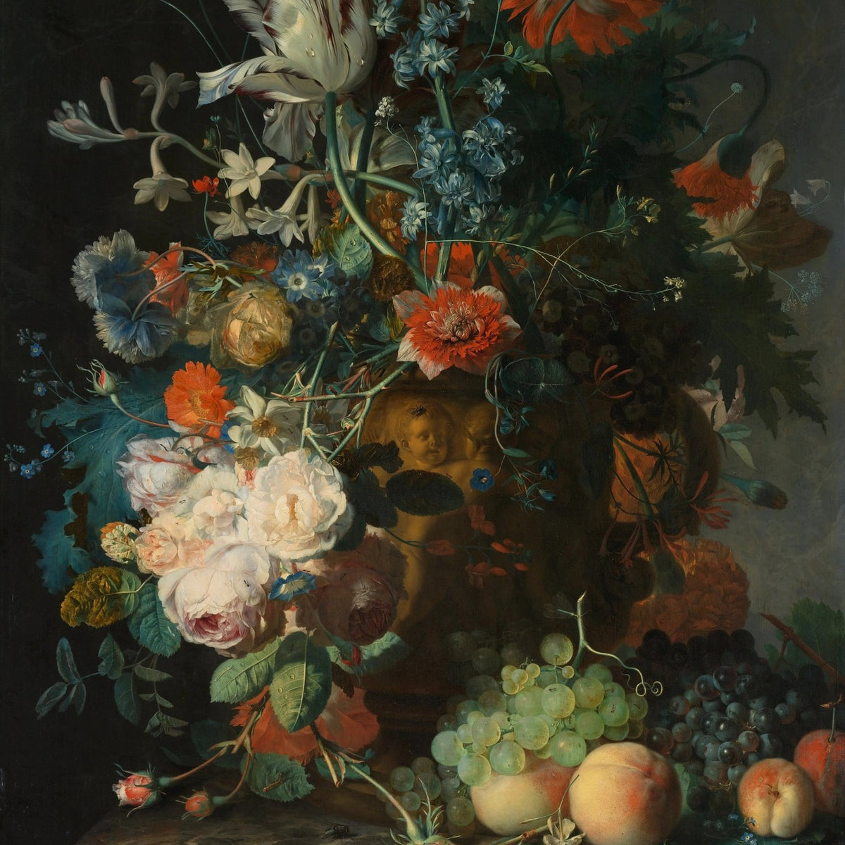 Floral Oil Painting - Mixed Blooms with Fruit in Ornate Vase - Oil Painting Haven