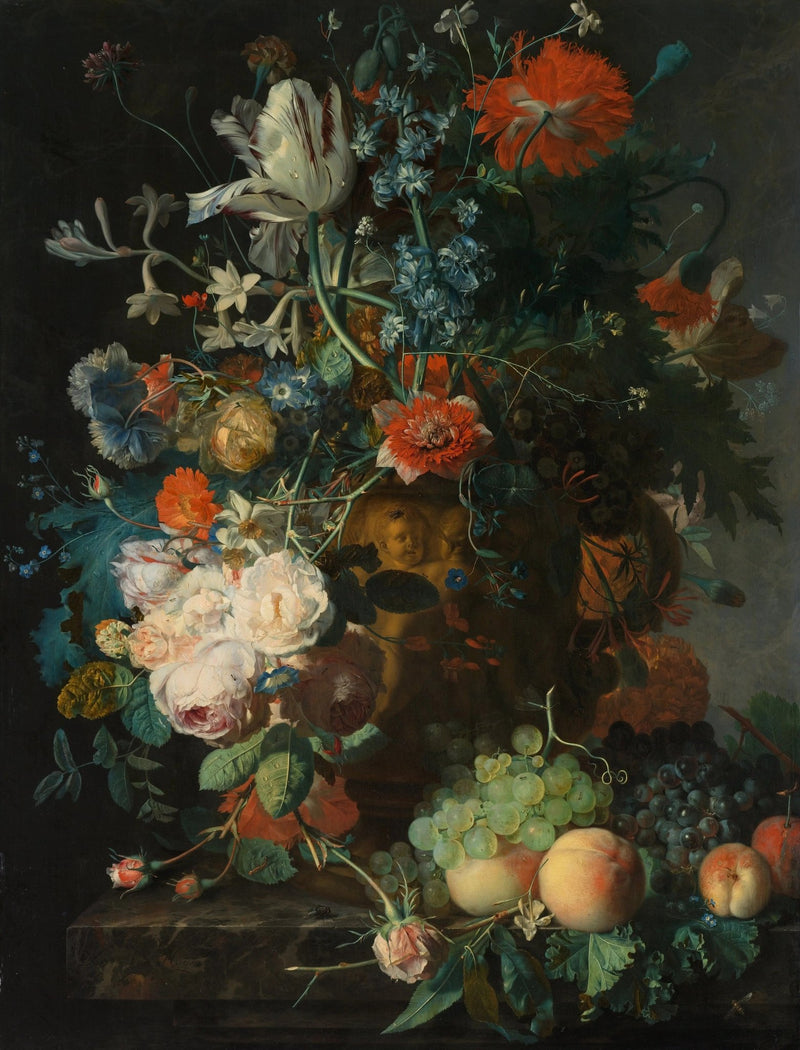 Floral Oil Painting - Mixed Blooms with Fruit in Ornate Vase - Oil Painting Haven