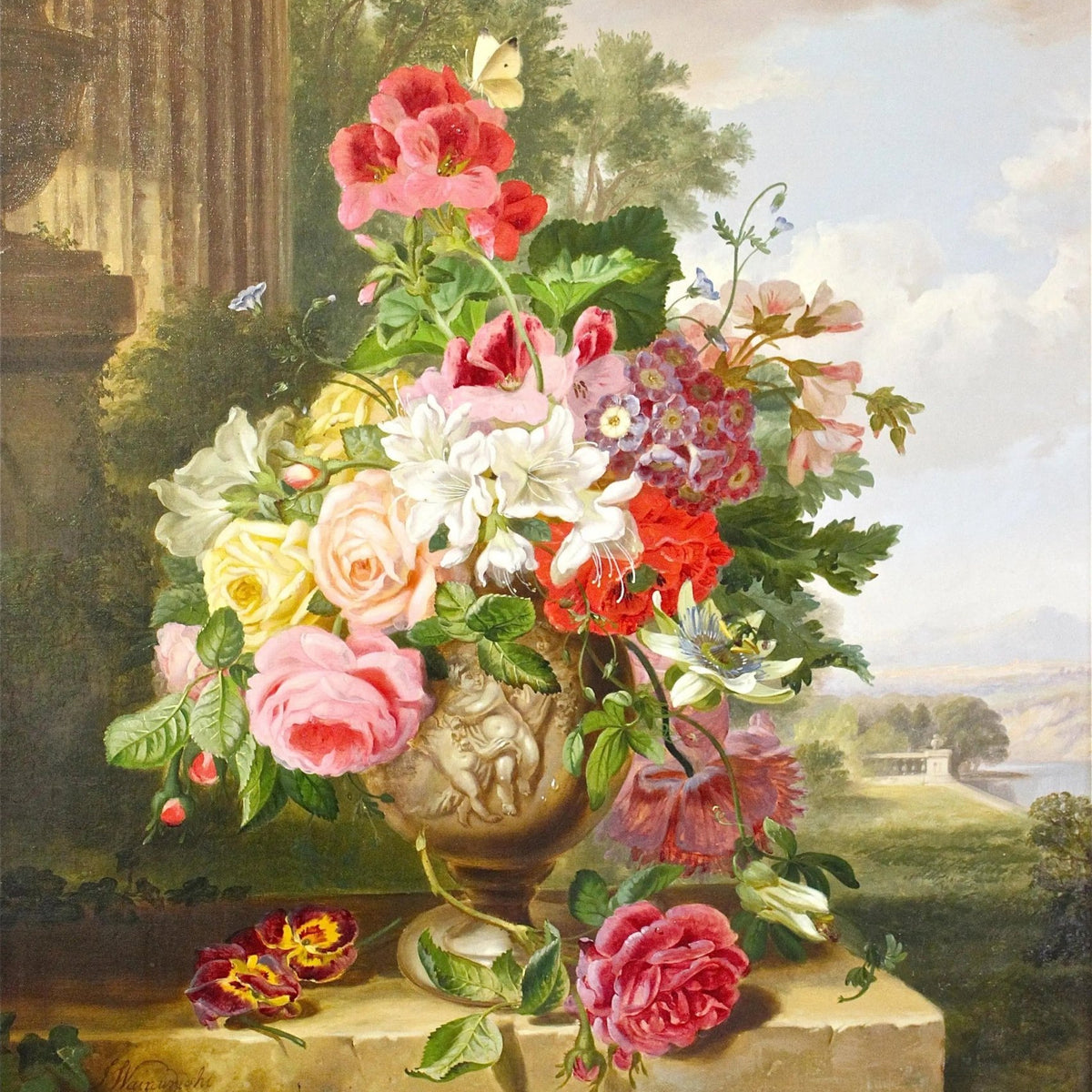 Floral Oil Painting - Mixed Blooms with Landscape Backdrop - Oil Painting Haven