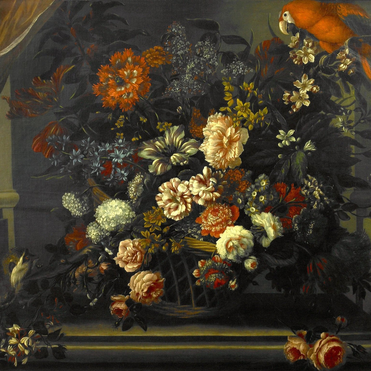 Floral Oil Painting - Mixed Blooms with Parrot and Squirrel - Oil Painting Haven