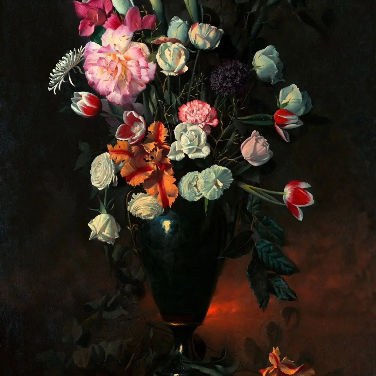Floral Oil Painting - Mixed Flowers in Dark Vase - Oil Painting Haven
