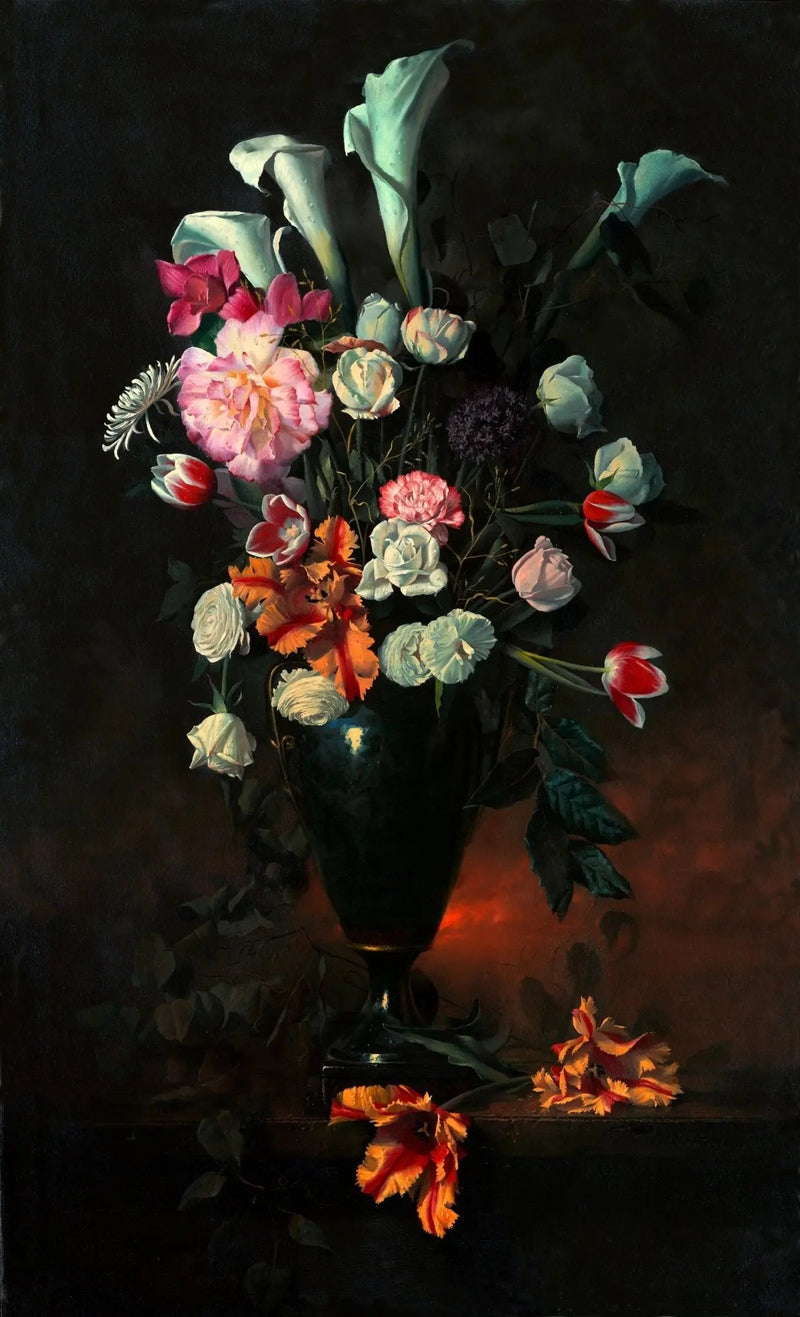 Floral Oil Painting - Mixed Flowers in Dark Vase - Oil Painting Haven
