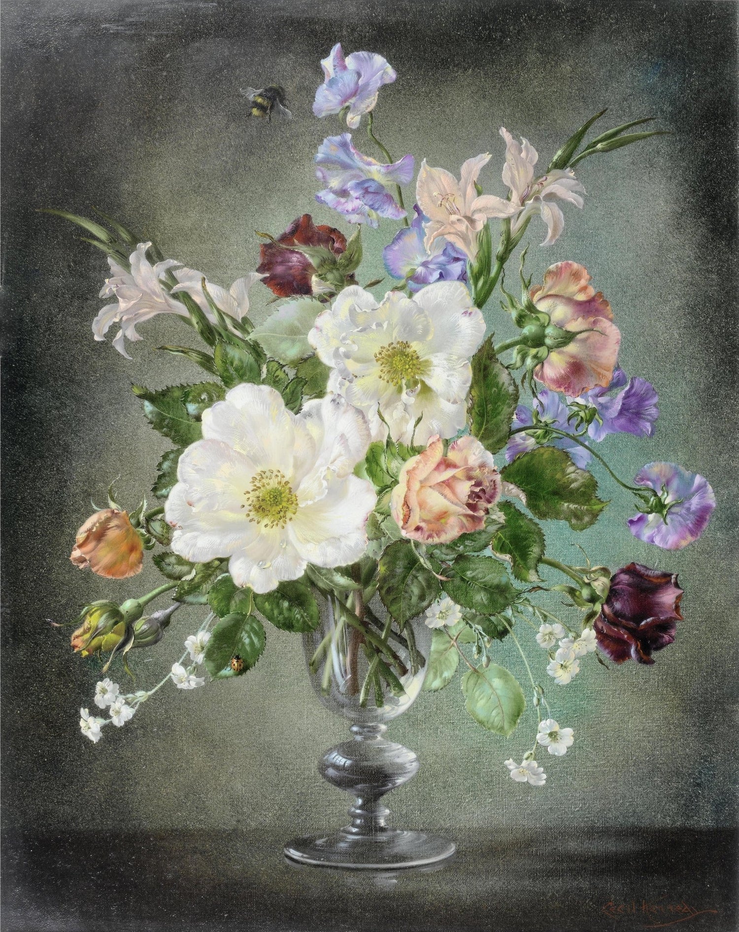 Floral Oil Painting - Mixed Garden Flowers in Glass Vase Art - Oil Painting Haven