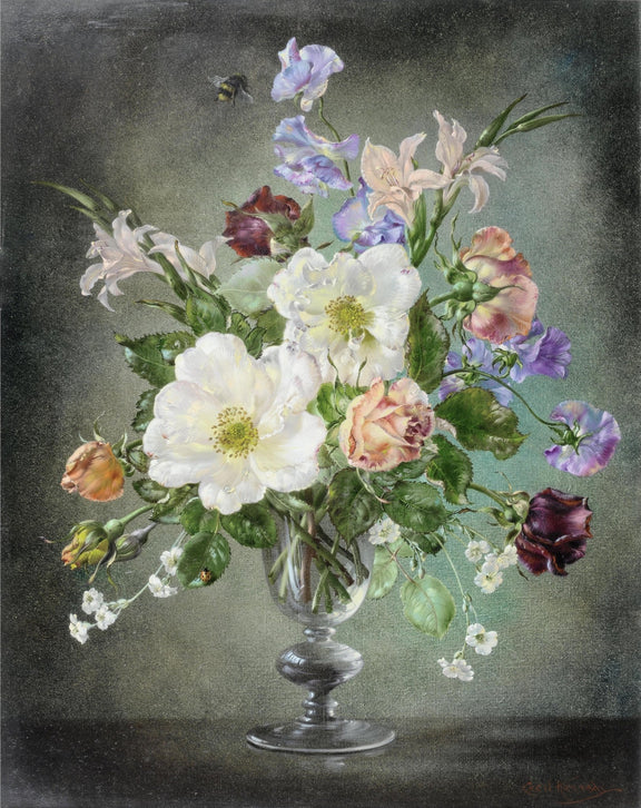 Floral Oil Painting - Mixed Garden Flowers in Glass Vase Art - Oil Painting Haven