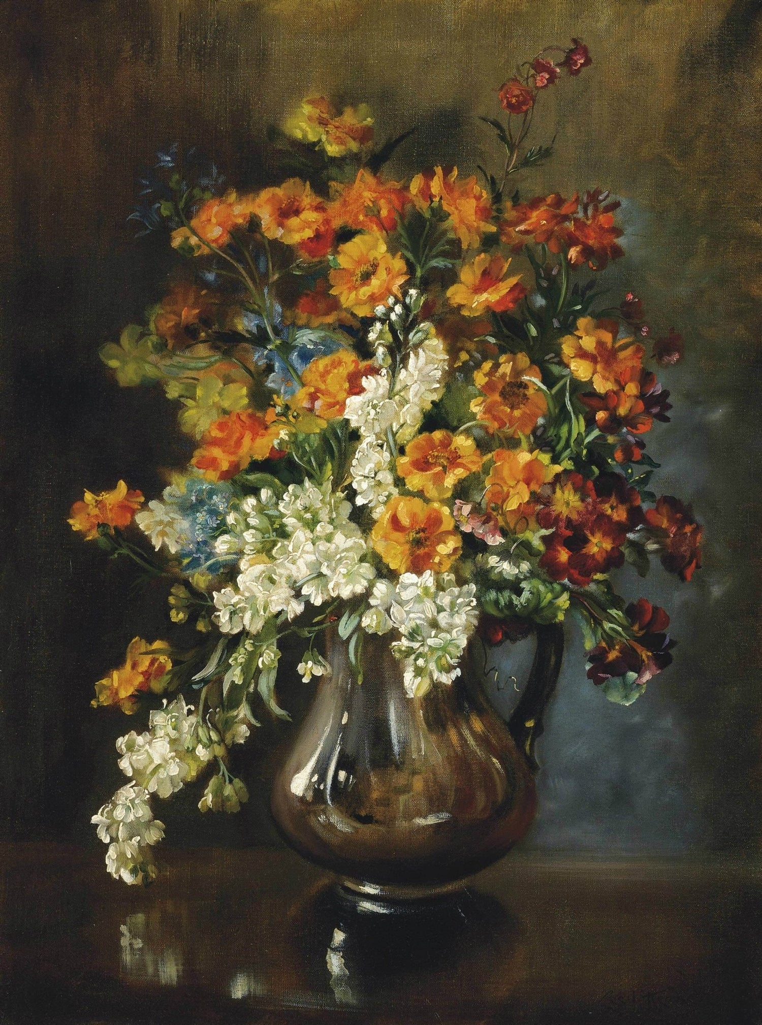 Floral Oil Painting - Orange and White Flowers in Glass Vase - Oil Painting Haven