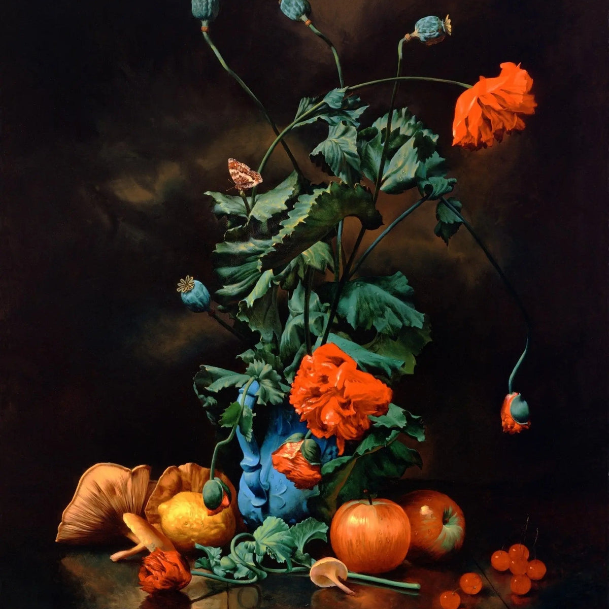 Floral Oil Painting - Orange Flowers in Blue Vase with Fruits - Oil Painting Haven