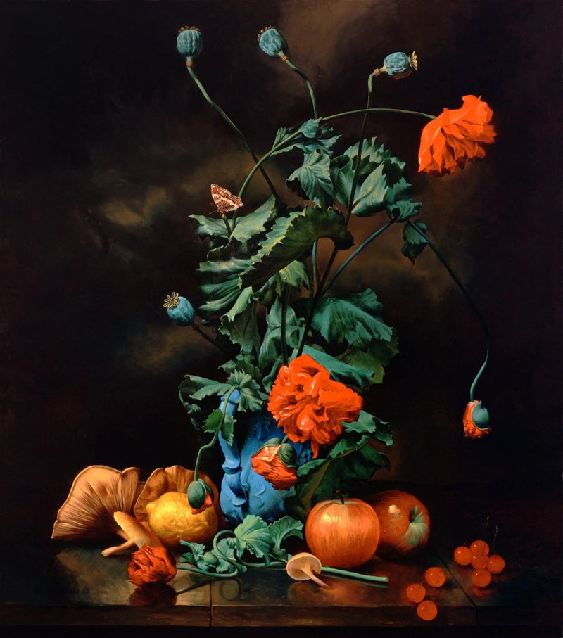 Floral Oil Painting - Orange Flowers in Blue Vase with Fruits - Oil Painting Haven