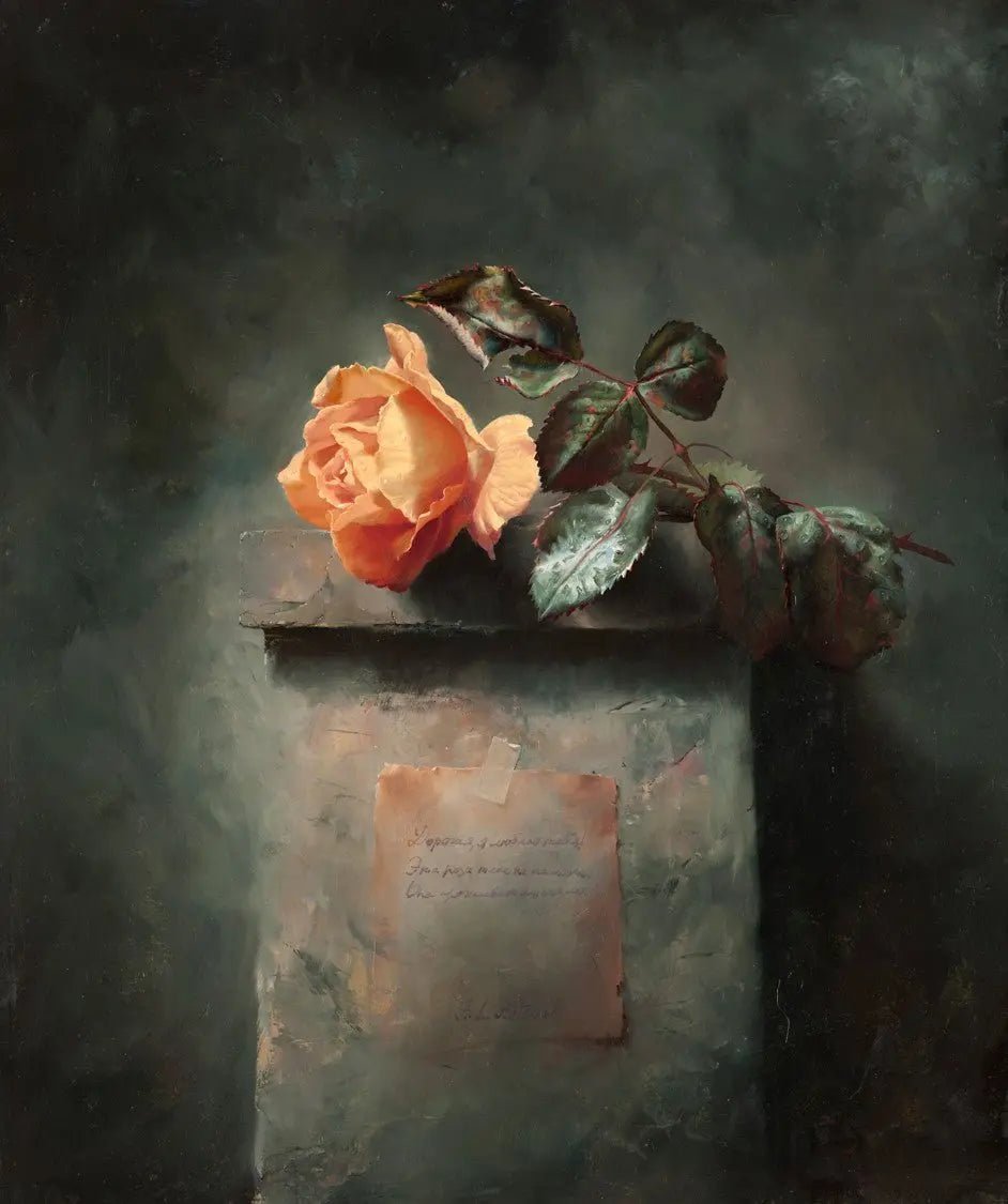 Floral Oil Painting - Orange Rose with Note - Oil Painting Haven