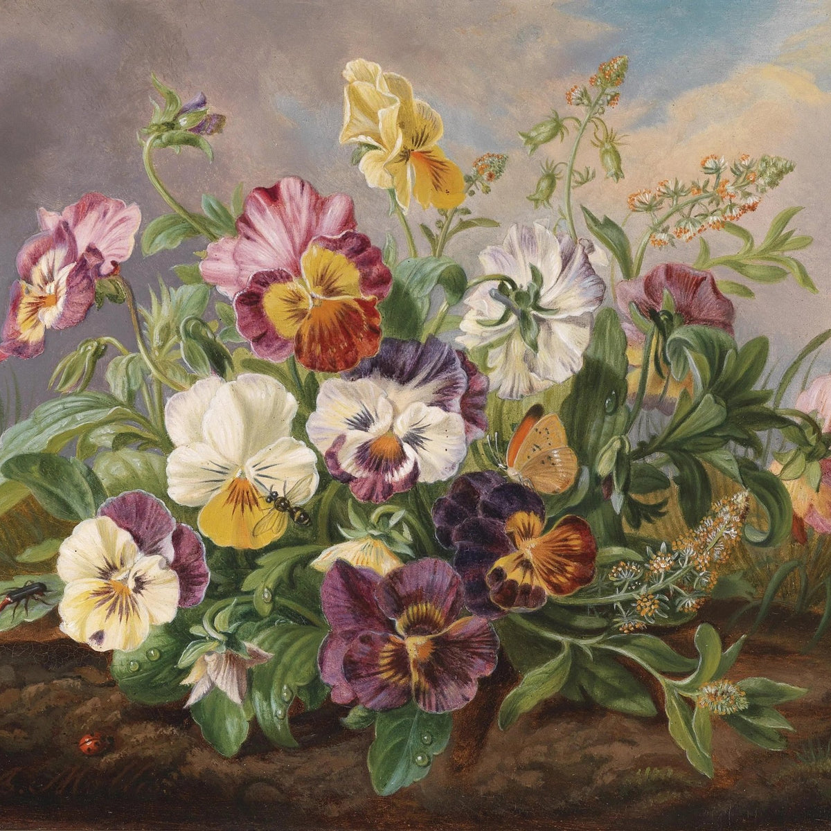 Floral Oil Painting - Pansies with Insects and Sky Backdrop - Oil Painting Haven