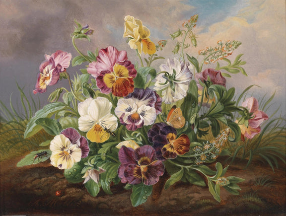Floral Oil Painting - Pansies with Insects and Sky Backdrop - Oil Painting Haven