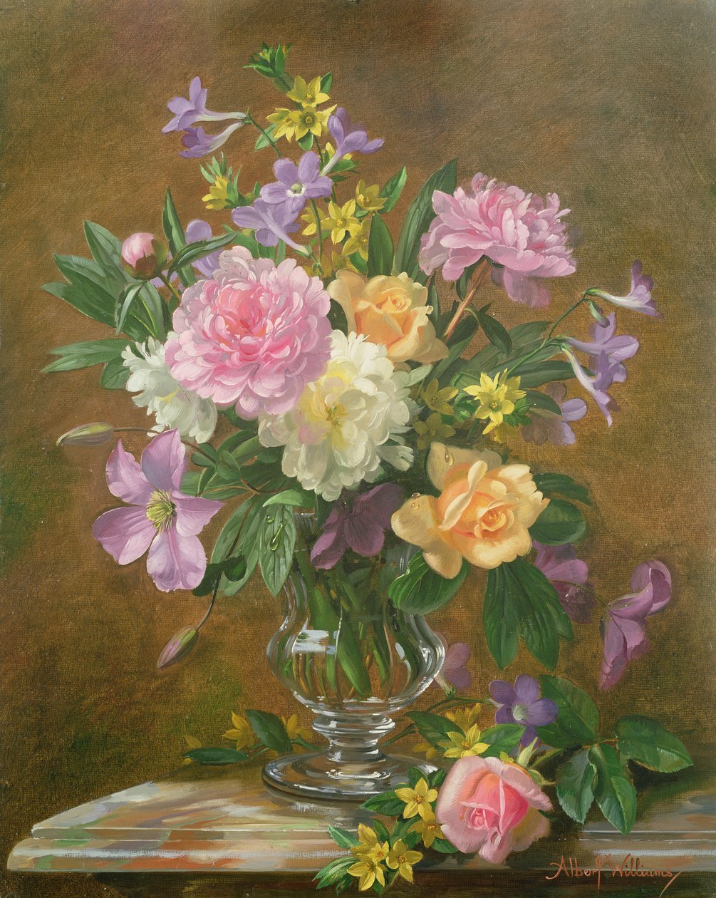 Floral Oil Painting - Pastel Peonies and Roses in Glass Vase