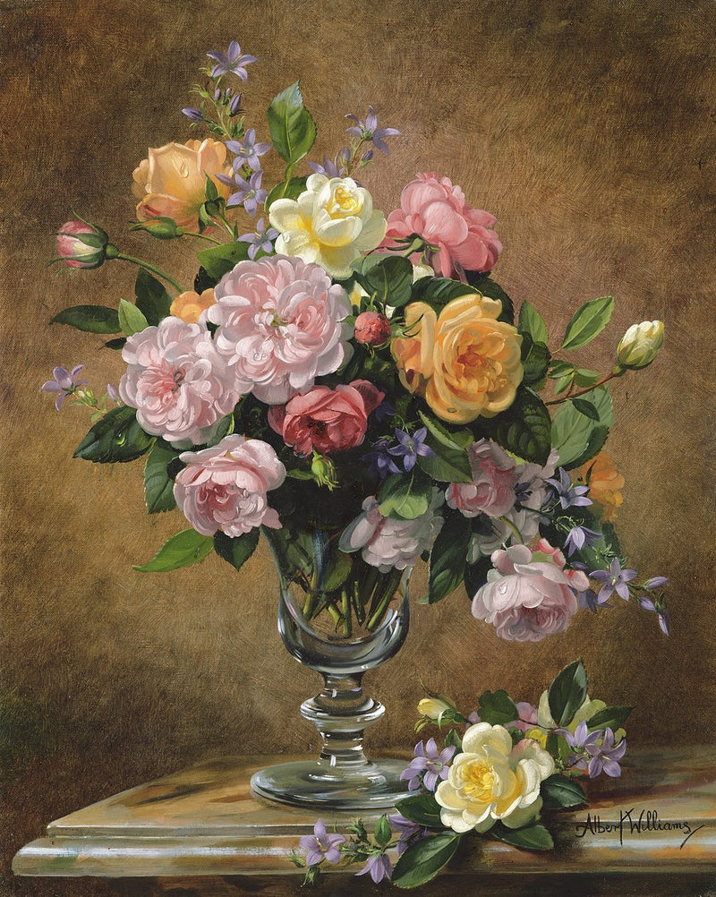 Floral Oil Painting - Pastel Roses in Clear Glass Vase Still Life