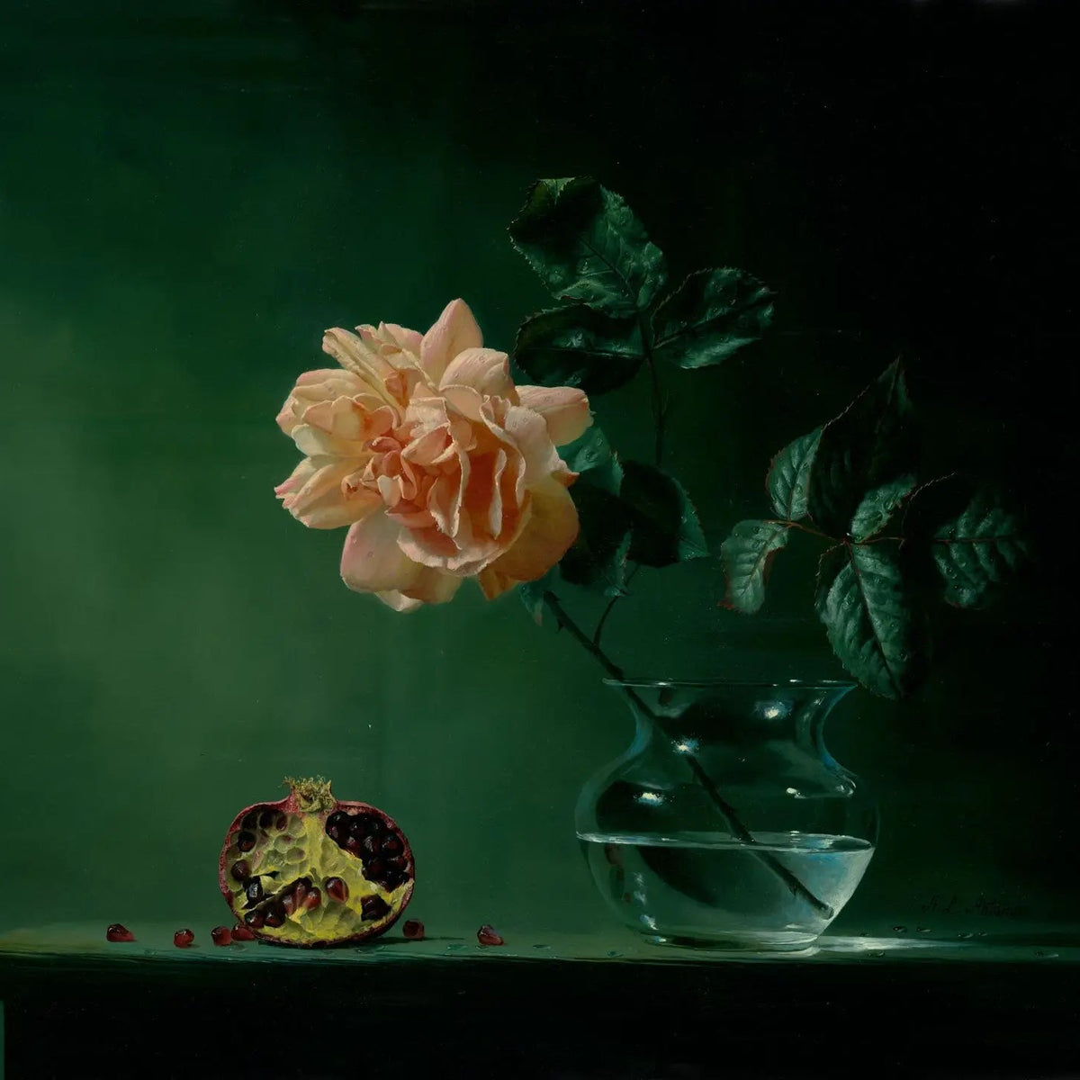 Floral Oil Painting - Peach Rose with Pomegranate - Oil Painting Haven