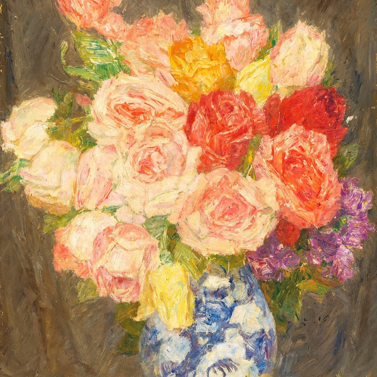 Floral Oil Painting - Peach Roses in Blue Porcelain Vase