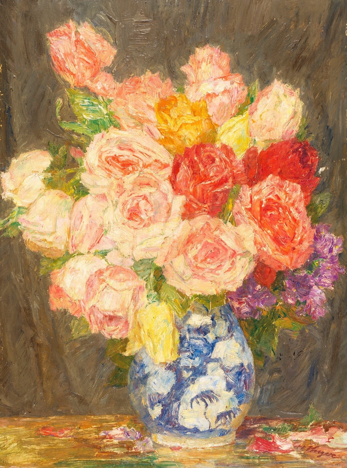 Floral Oil Painting - Peach Roses in Blue Porcelain Vase