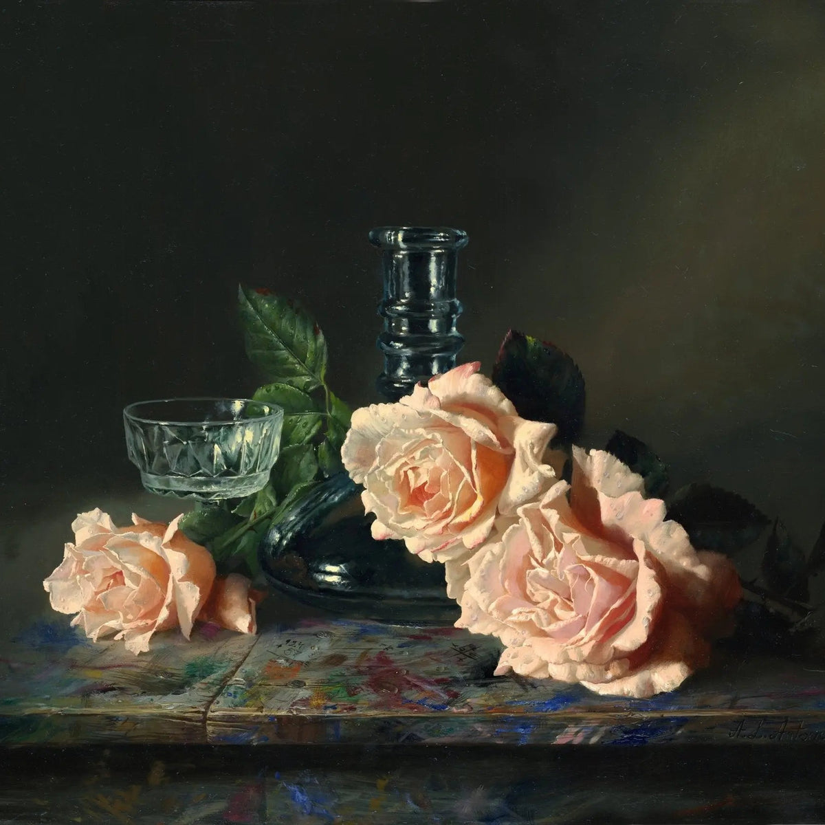 Floral Oil Painting - Peach Roses with Glassware - Oil Painting Haven