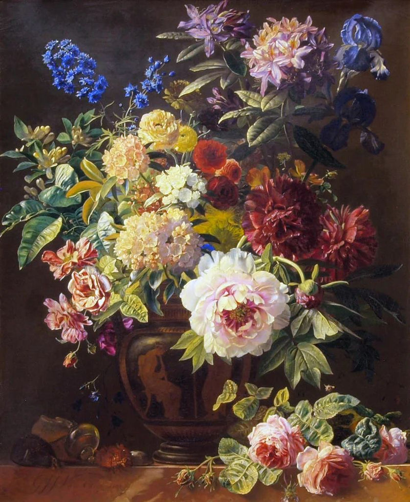Floral Oil Painting - Peonies and Blue Flowers in Antique Vase