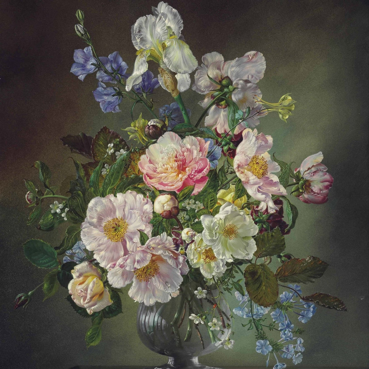 Floral Oil Painting - Peonies and Irises Still Life in Vase Art - Oil Painting Haven