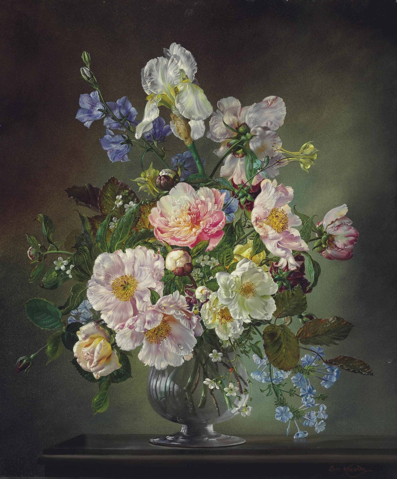 Floral Oil Painting - Peonies and Irises Still Life in Vase Art - Oil Painting Haven