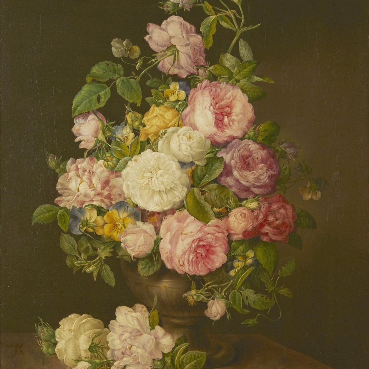 Floral Oil Painting - Pink and White Roses in Classical Vase