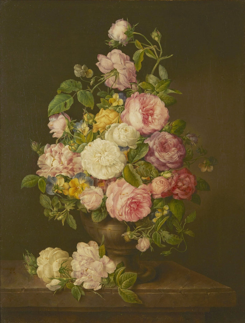 Floral Oil Painting - Pink and White Roses in Classical Vase
