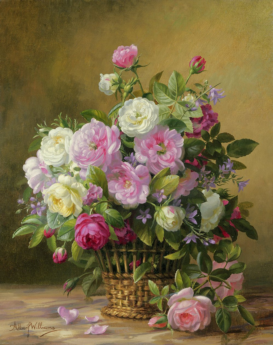 Blumen-Ölgemälde – Rosa und weiße Rosen in Weidenkorb
