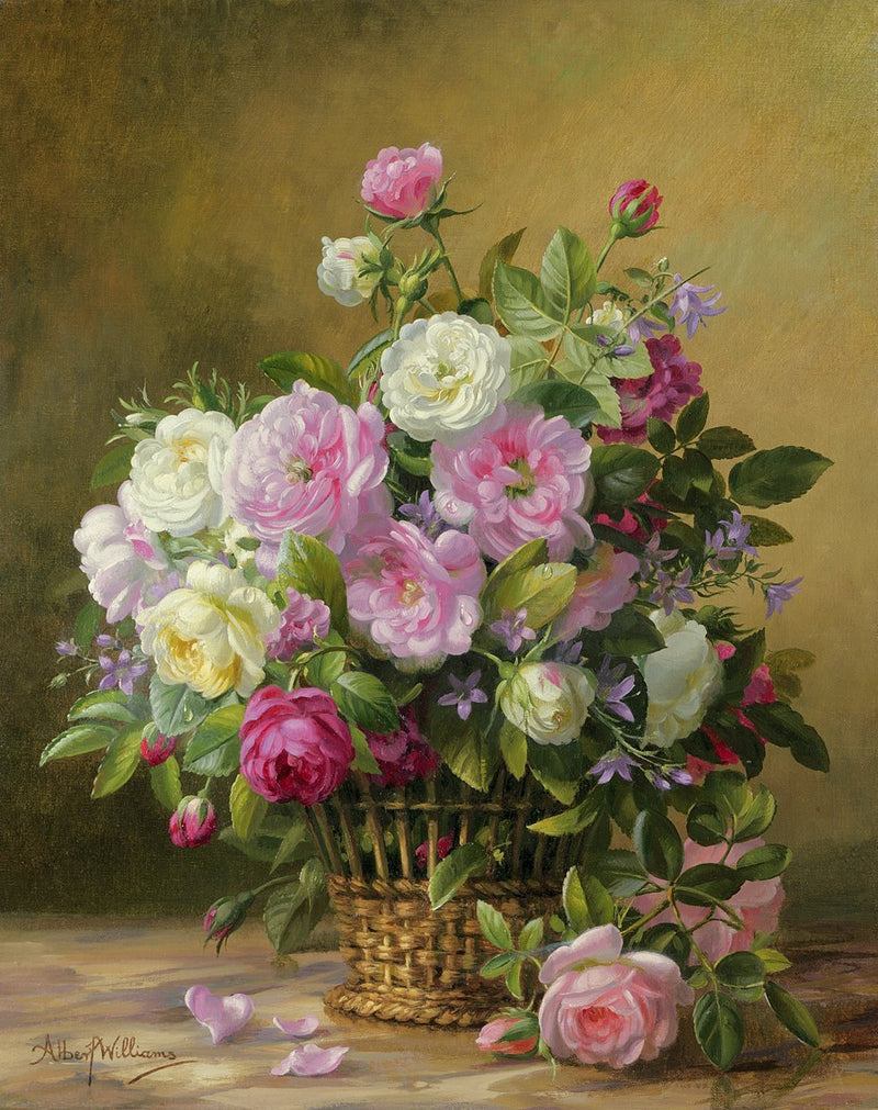 Blumen-Ölgemälde – Rosa und weiße Rosen in Weidenkorb