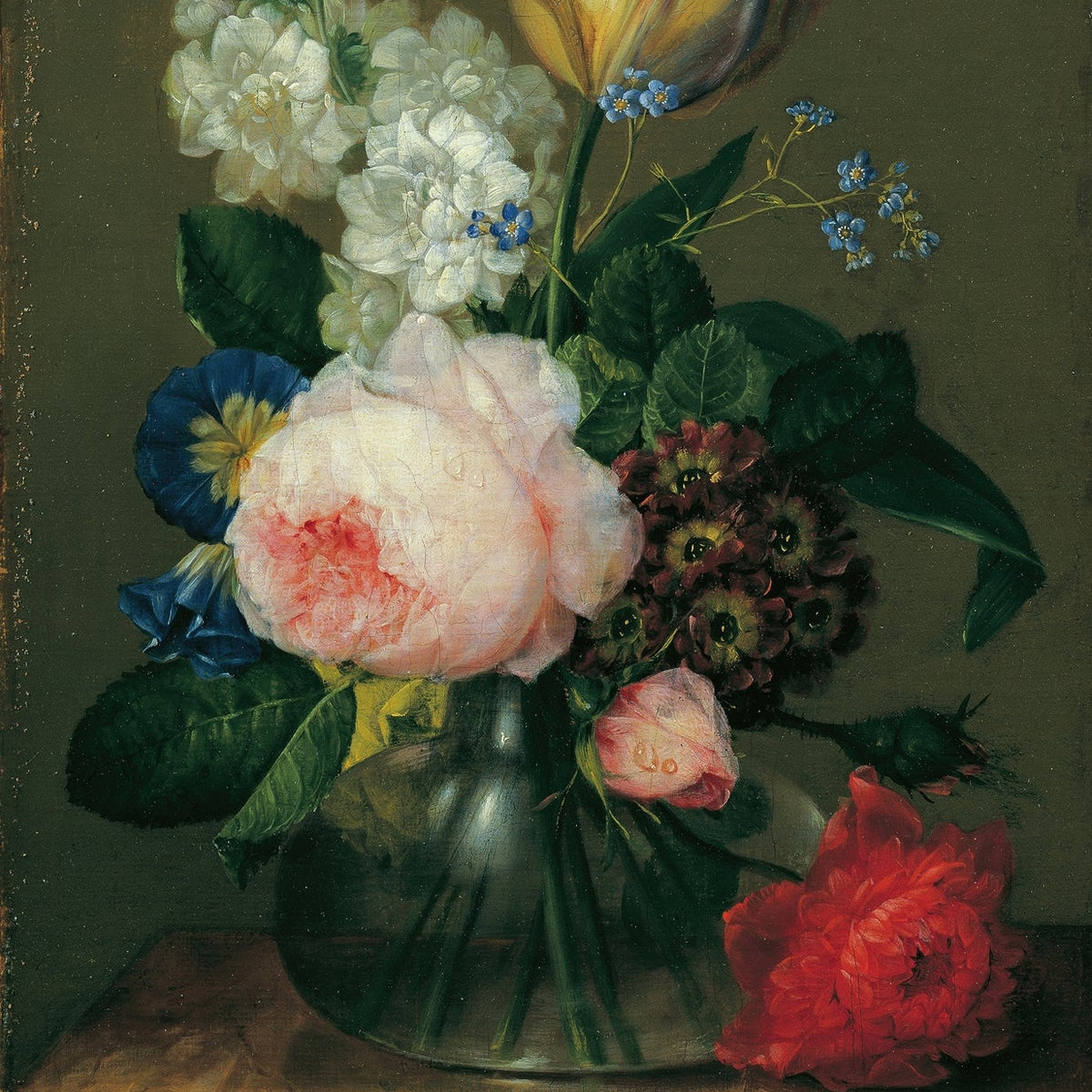 Floral Oil Painting - Pink Flowers in Blue Glass Vase