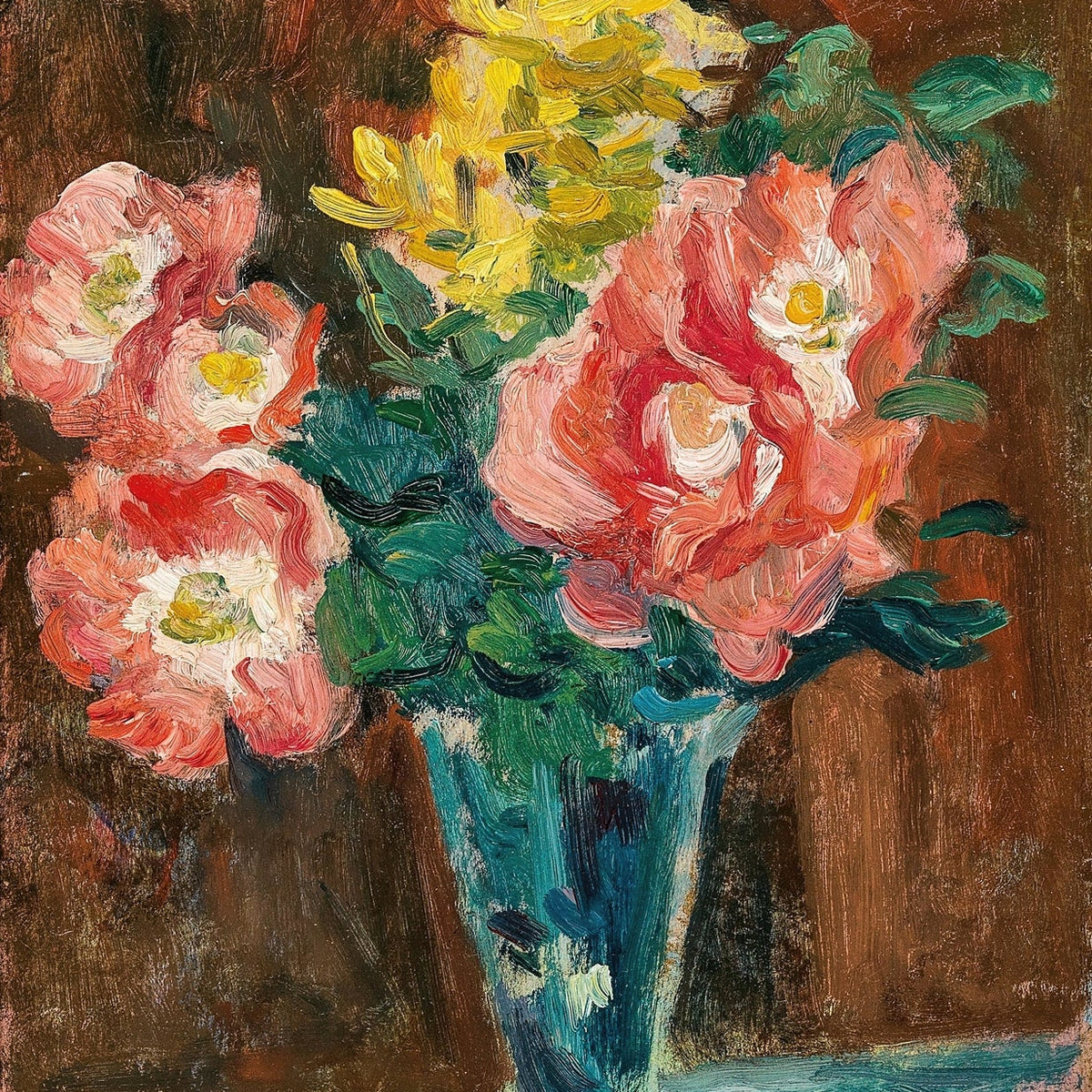 Floral Oil Painting - Pink Flowers in Blue Glass Vase
