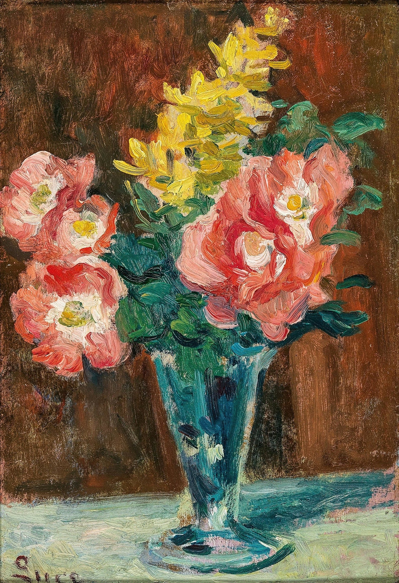 Floral Oil Painting - Pink Flowers in Blue Glass Vase
