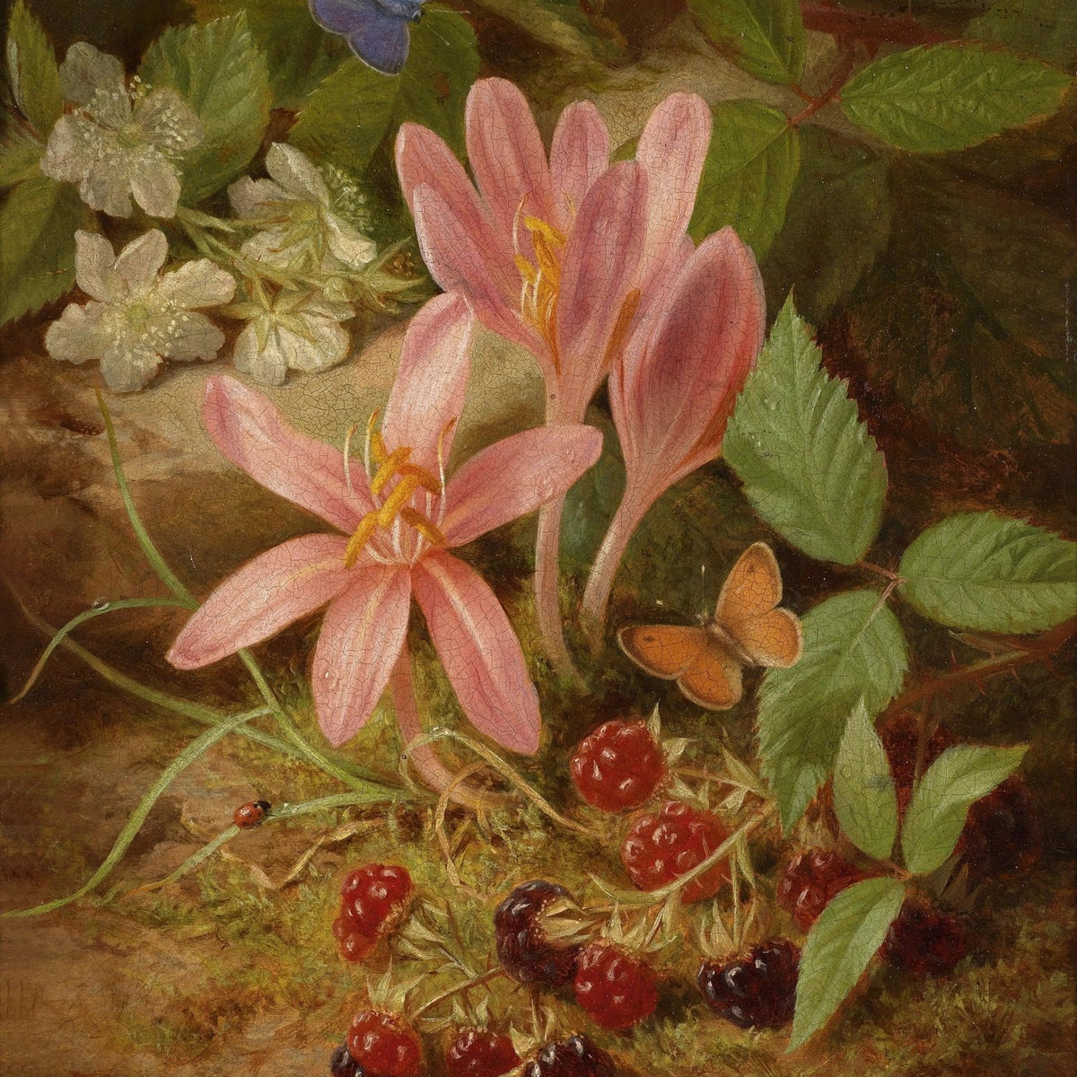 Floral Oil Painting - Pink Flowers with Berries and Insects - Oil Painting Haven