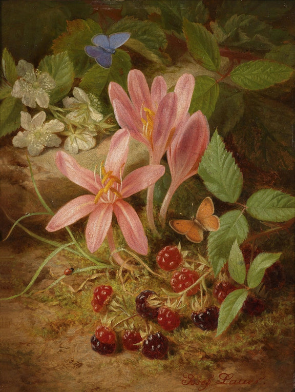 Floral Oil Painting - Pink Flowers with Berries and Insects - Oil Painting Haven