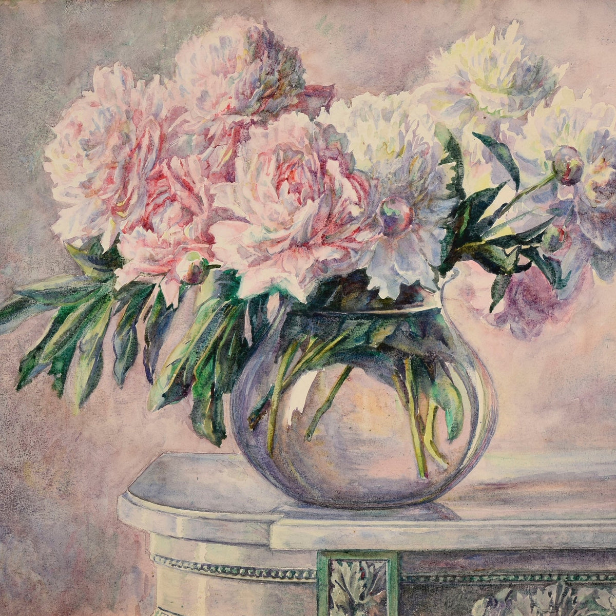 Floral Oil Painting - Pink Peonies in Glass Vase Still Life - Oil Painting Haven