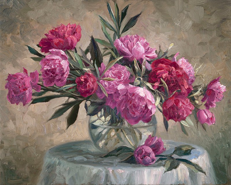Floral Oil Painting - Pink Peonies in Glass Vase Still Life