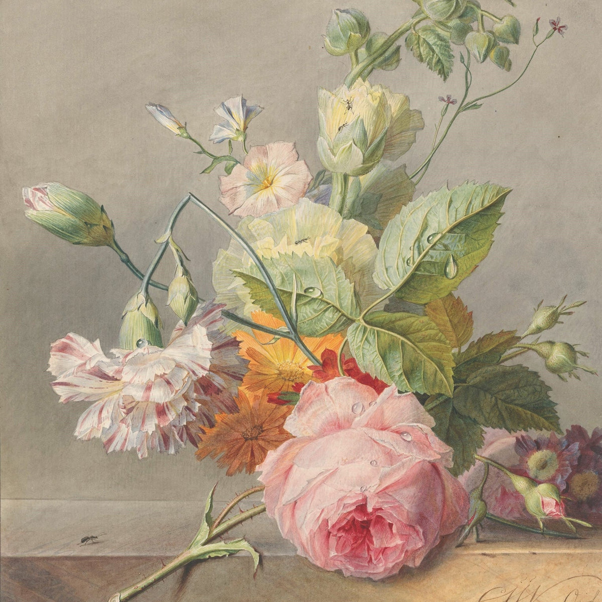 Floral Oil Painting - Pink Rose and Garden Flower Bouquet