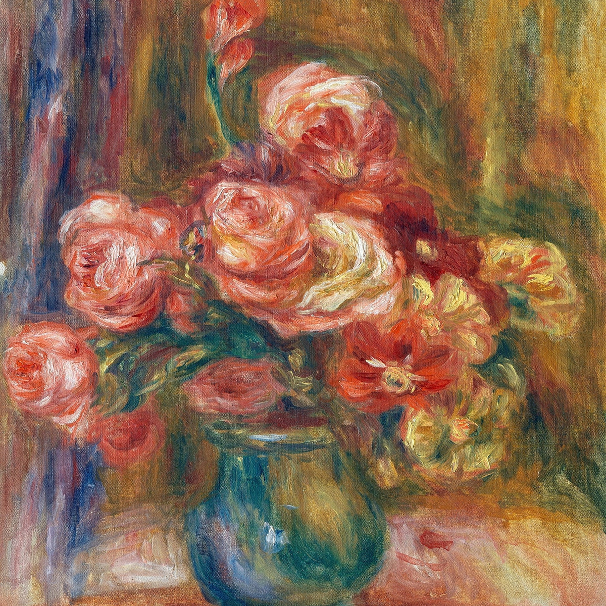 Floral Oil Painting - Pink Rose Bouquet in Blue Glass Vase
