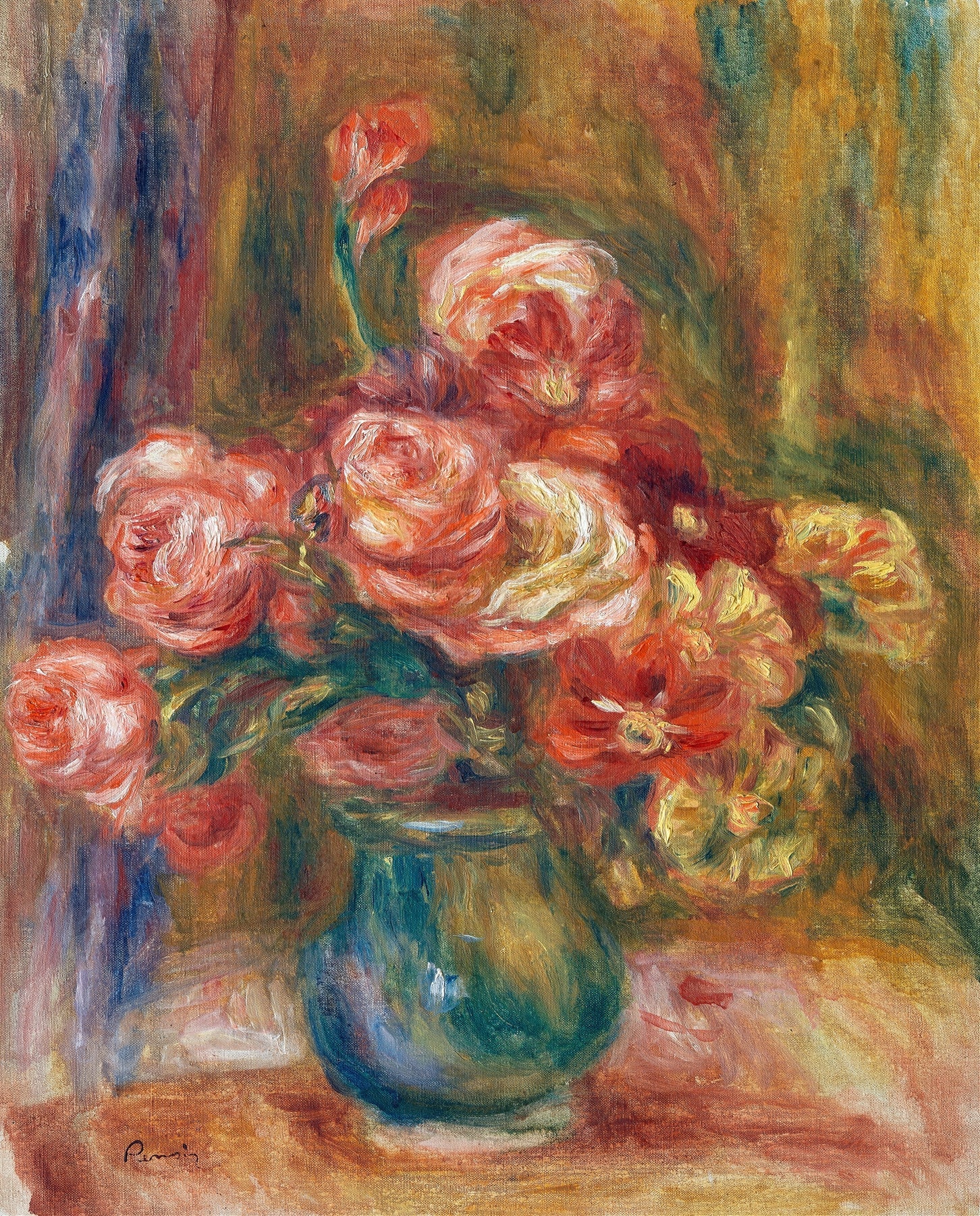 Floral Oil Painting - Pink Rose Bouquet in Blue Glass Vase
