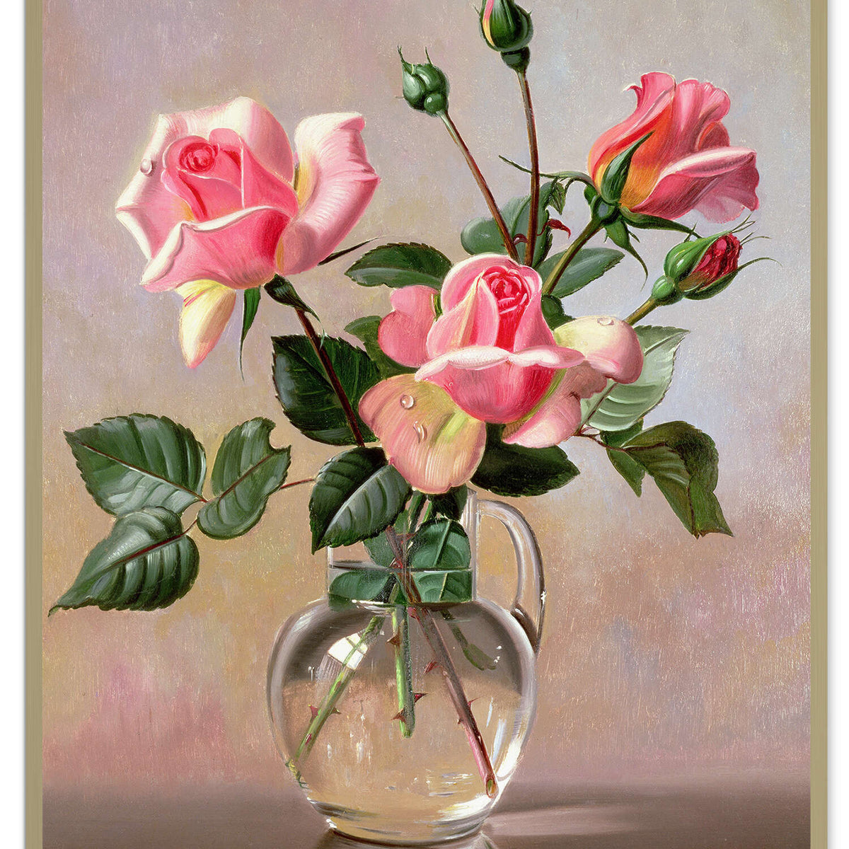 Floral Oil Painting - Pink Rose Bouquet in Clear Glass Vase