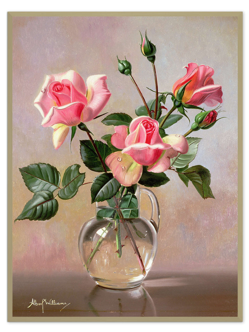Floral Oil Painting - Pink Rose Bouquet in Clear Glass Vase