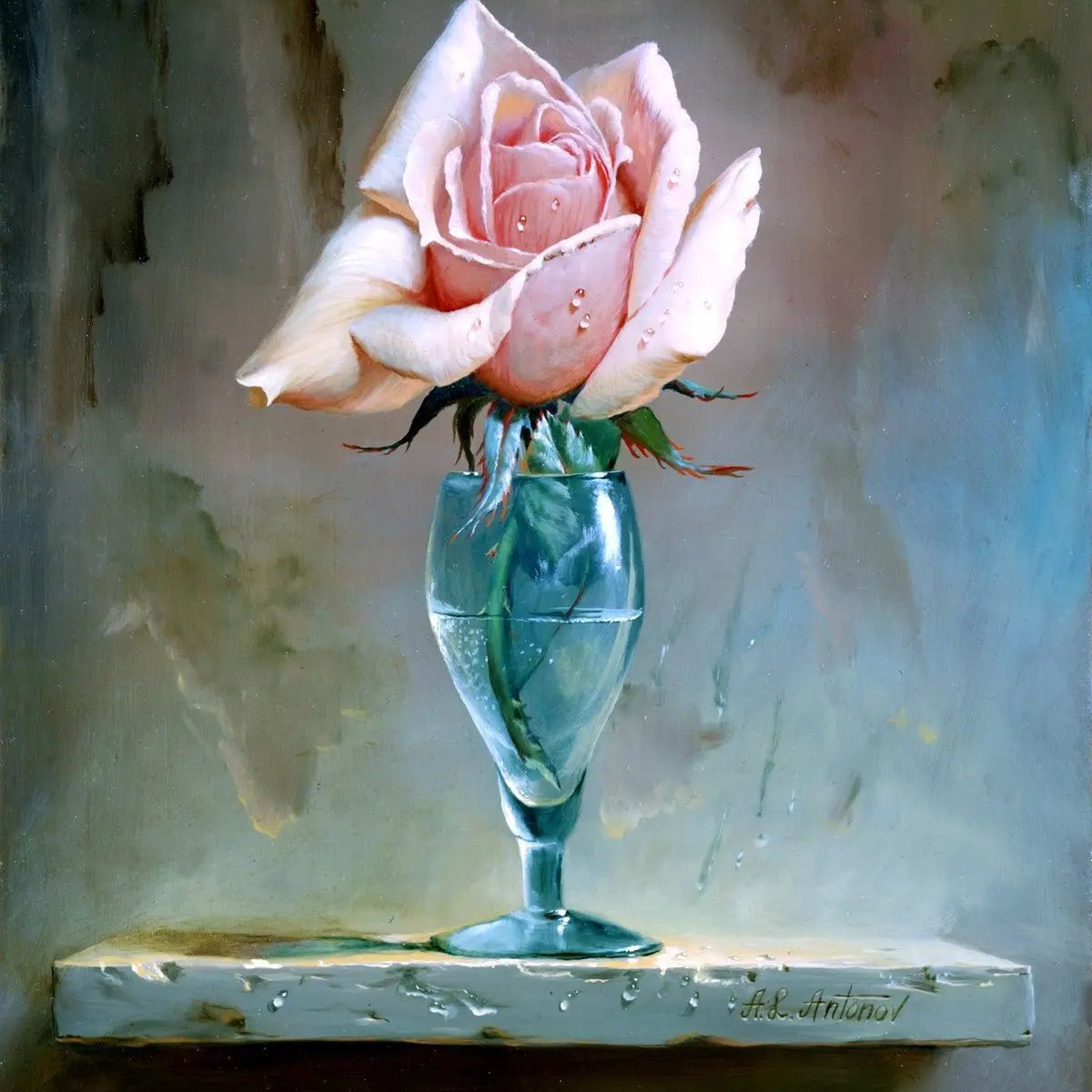 Floral Oil Painting - Pink Rose in Glass Vase - Oil Painting Haven