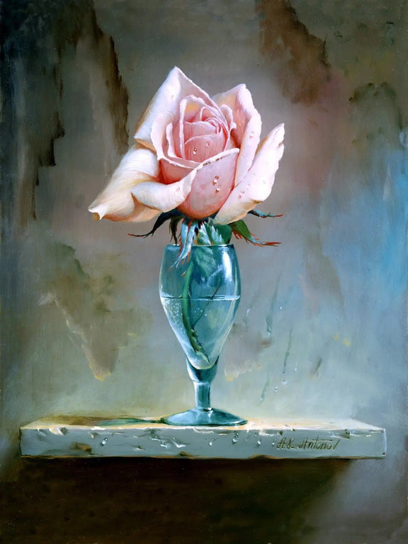 Floral Oil Painting - Pink Rose in Glass Vase - Oil Painting Haven