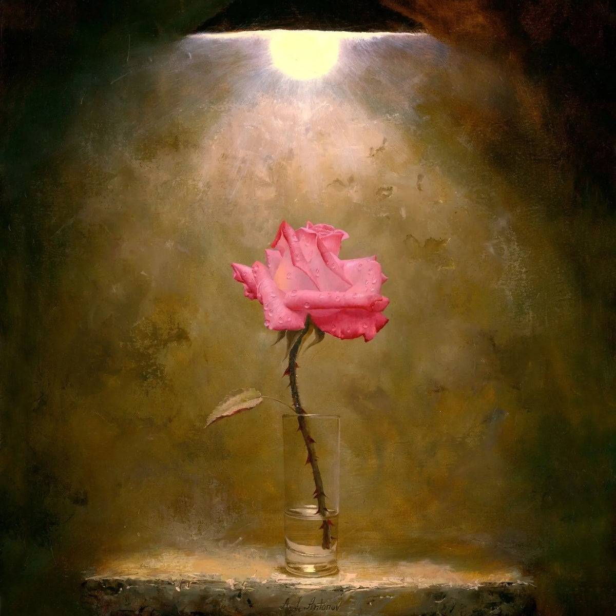 Floral Oil Painting - Pink Rose in Glass Vase Under Light - Oil Painting Haven