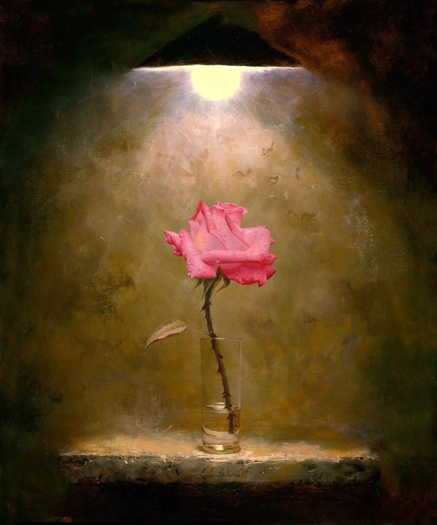 Floral Oil Painting - Pink Rose in Glass Vase Under Light - Oil Painting Haven