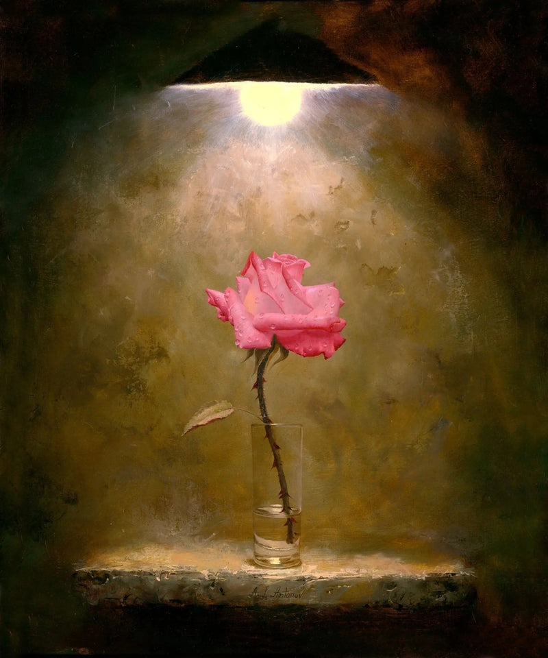 Floral Oil Painting - Pink Rose in Glass Vase Under Light - Oil Painting Haven